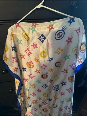Colorful Star Print Silk Tunic - White Base with Multi-Color Accents